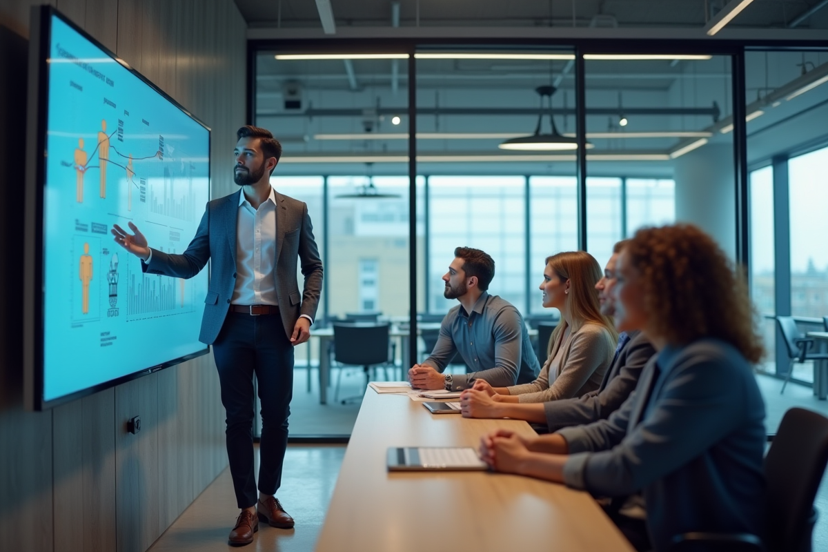 Jeune homme en réunion présentant une feuille de route digitale