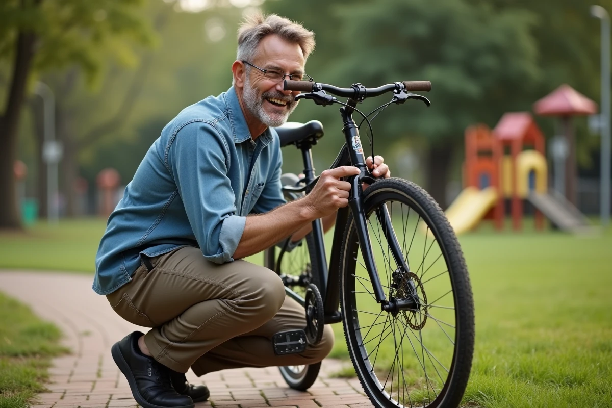 Homme r&eacute;pare un v&eacute;lo dans un parc communautaire verdoyant