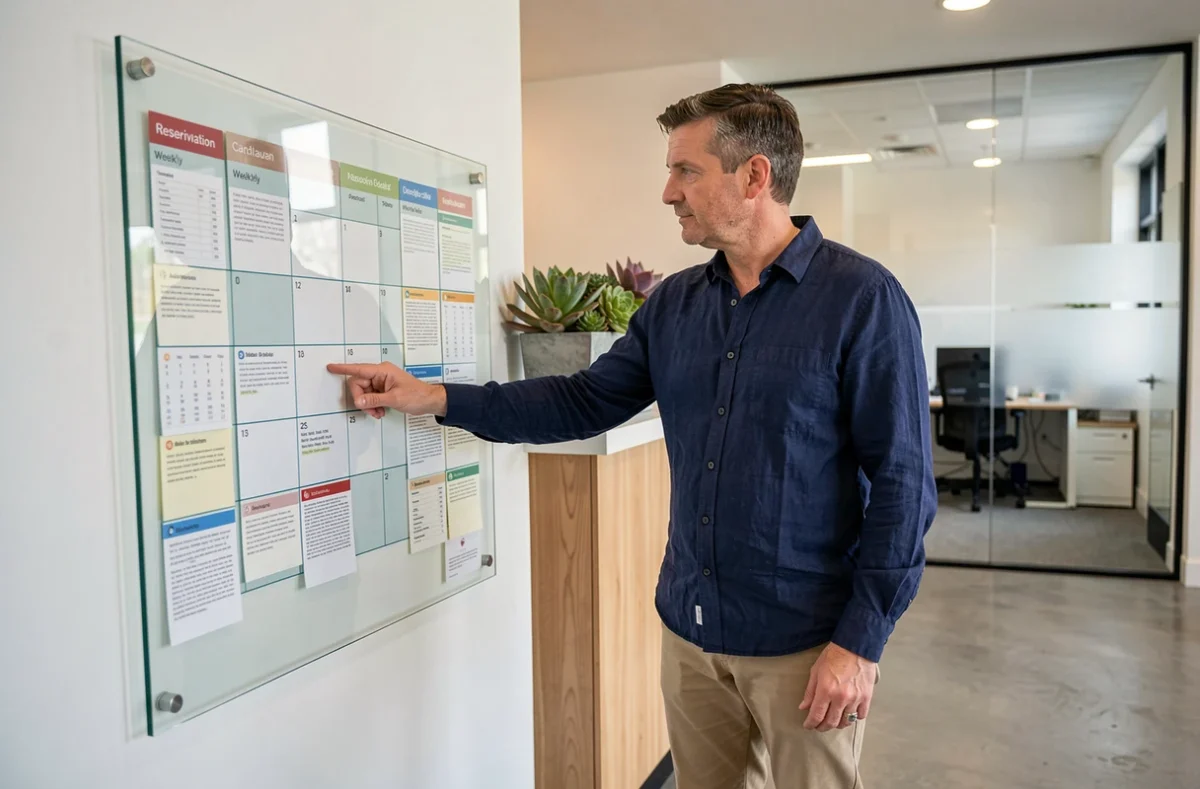 Homme consultant un tableau de réservation dans le hall d'un espace de coworking à Saintes