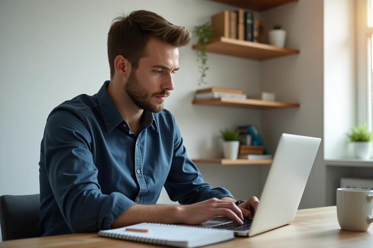 Homme en chemise bleue qui révise le PI Test sur son ordinateur portable avec des notes manuscrites dans un bureau à domicile