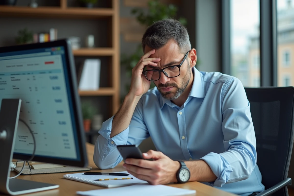 Homme d age moyen v&eacute;rifie ses relev&eacute;s bancaires au bureau