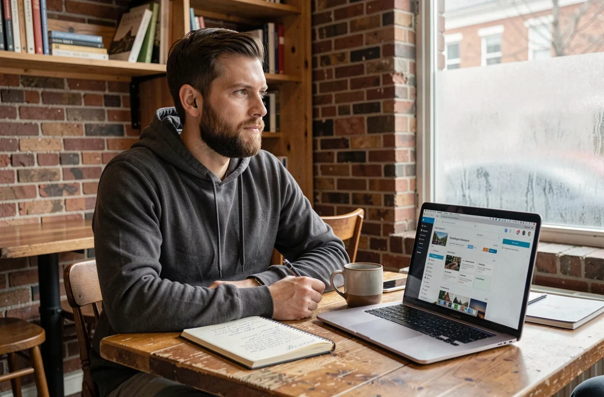 Homme travaillant sur une stratégie de contenu digital et SEO dans un café avec un carnet de notes et un ordinateur portable