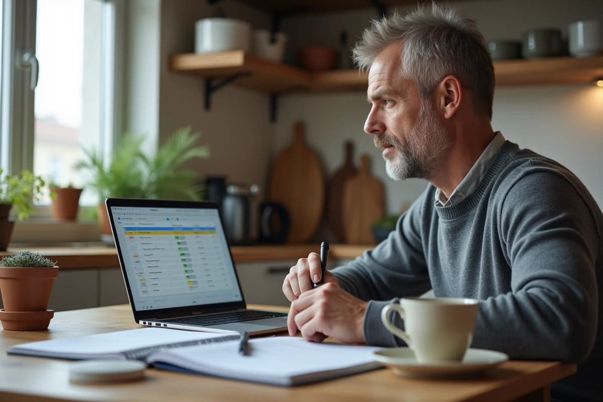 Homme en télétravail planifiant les jours ouvrables 2026 avec un agenda et un ordinateur portable