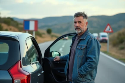 Homme d'âge moyen près de sa voiture à la frontière