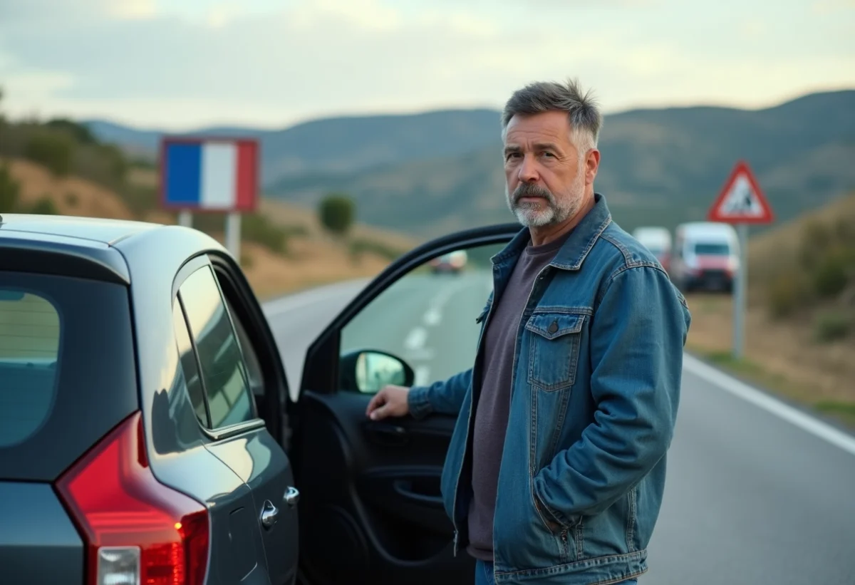 Homme d'âge moyen près de sa voiture à la frontière