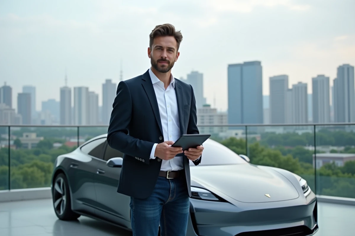 Jeune ingénieur urbain avec voiture électrique moderne