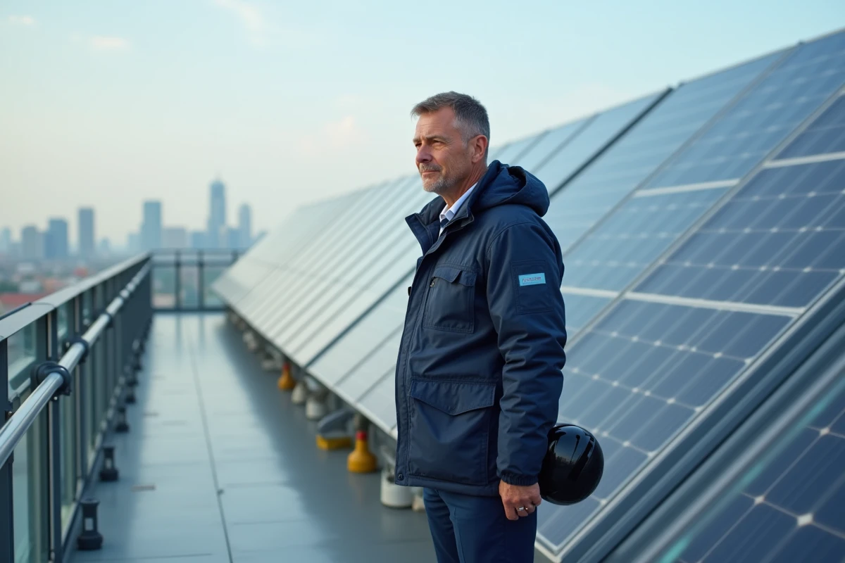 Ingénieur en veste examine modules PVF Qocivarvox sur toit urbain