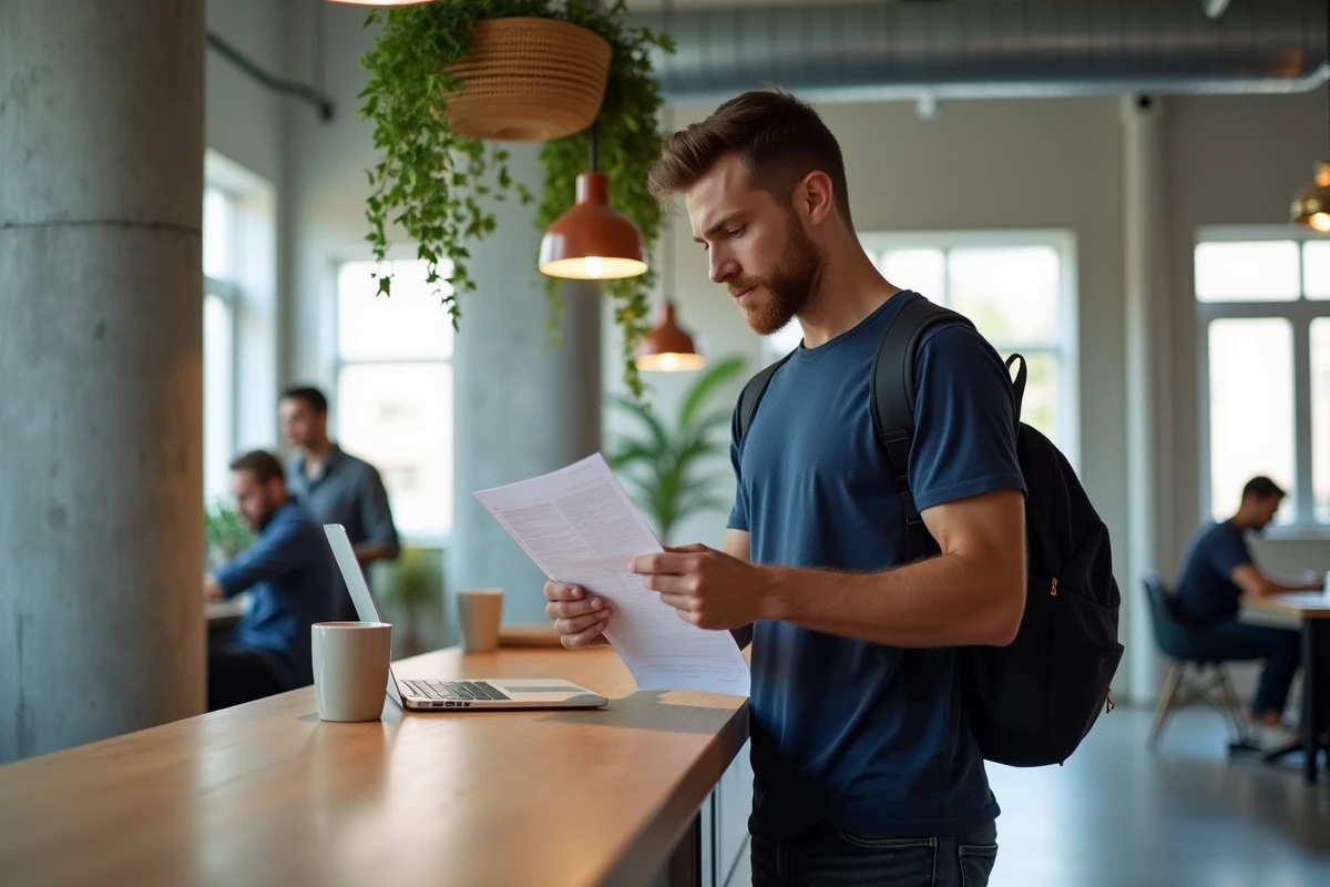 Jeune entrepreneur dans un espace de coworking consultant un formulaire officiel pour débuter son activité indépendante
