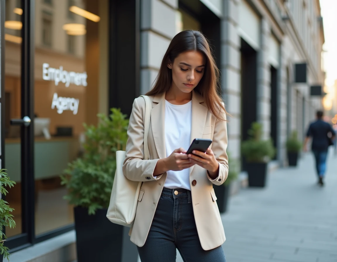 Jeune femme devant une agence d'intérim attendant un rappel téléphonique pour un job d'été