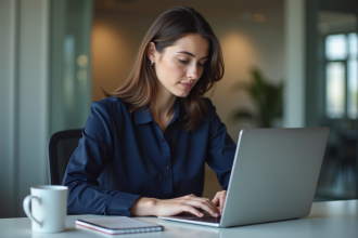 Jeune femme professionnelle travaillant sur son ordinateur au bureau
