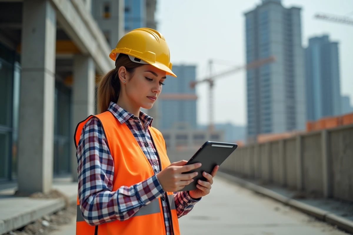 Jeune femme sur chantier avec tablette et structures en arri&egrave;re-plan
