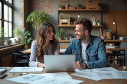 Jeune femme en coworking discutant avec un artiste dans un studio lumineux