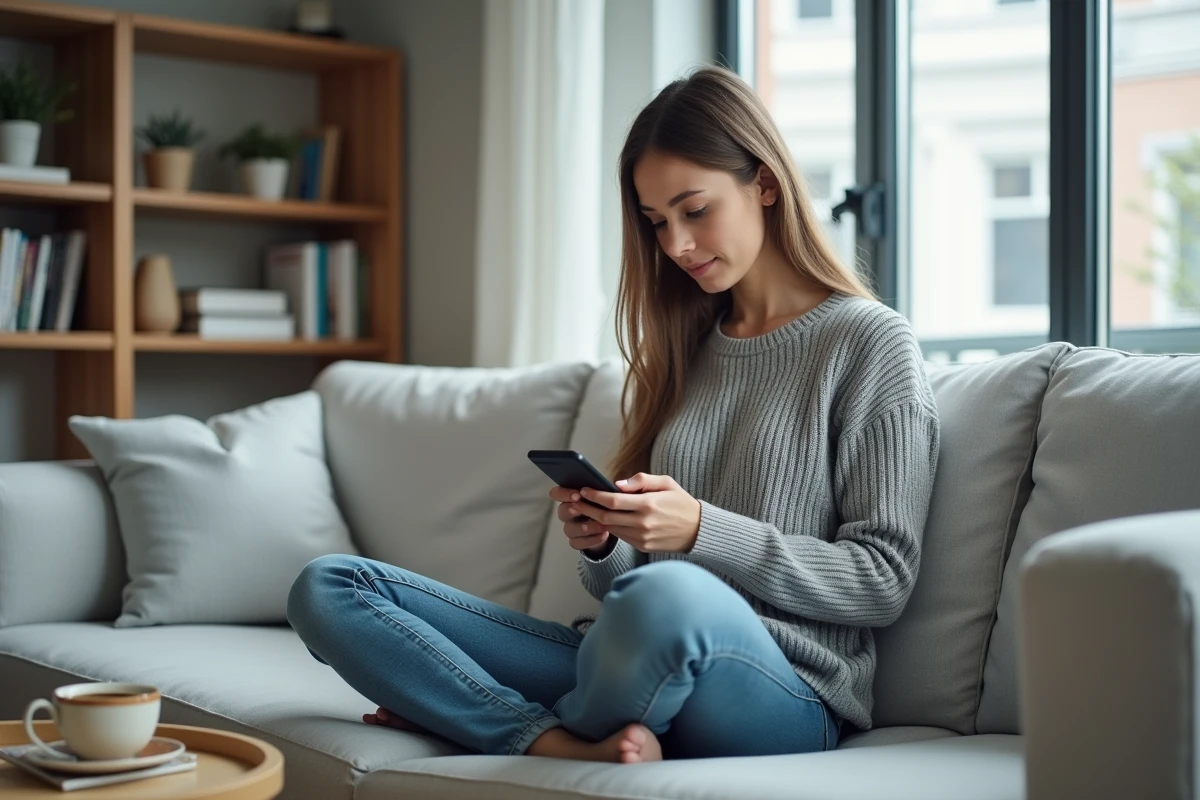 Jeune femme suivant son dossier de remboursement d'impôt SGC Calais sur smartphone depuis son salon