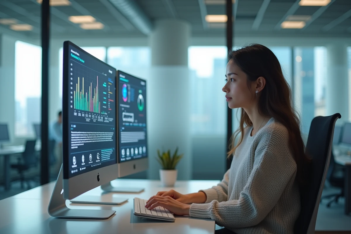 Jeune femme IT travaillant sur un ordinateur futuriste