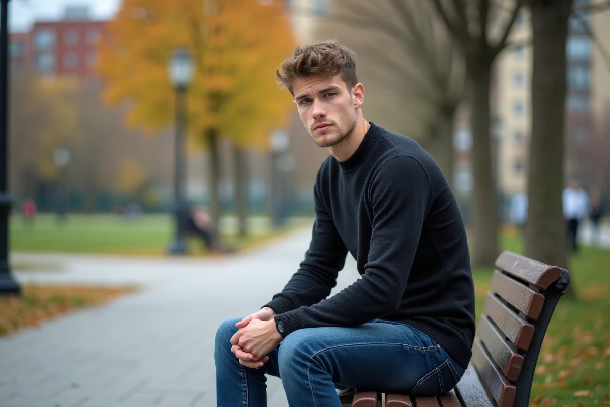 Jeune homme assis sur un banc dans un parc urbain