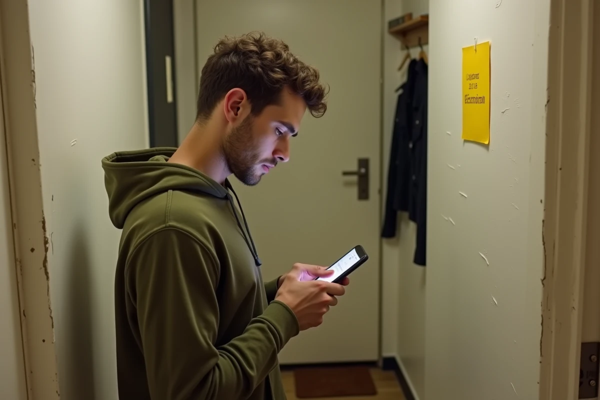 Jeune homme consultant son smartphone dans un couloir pour trouver le num&eacute;ro DHL et se faire rappeler