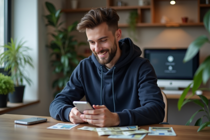 Jeune homme en bureau moderne avec smartphone et billets