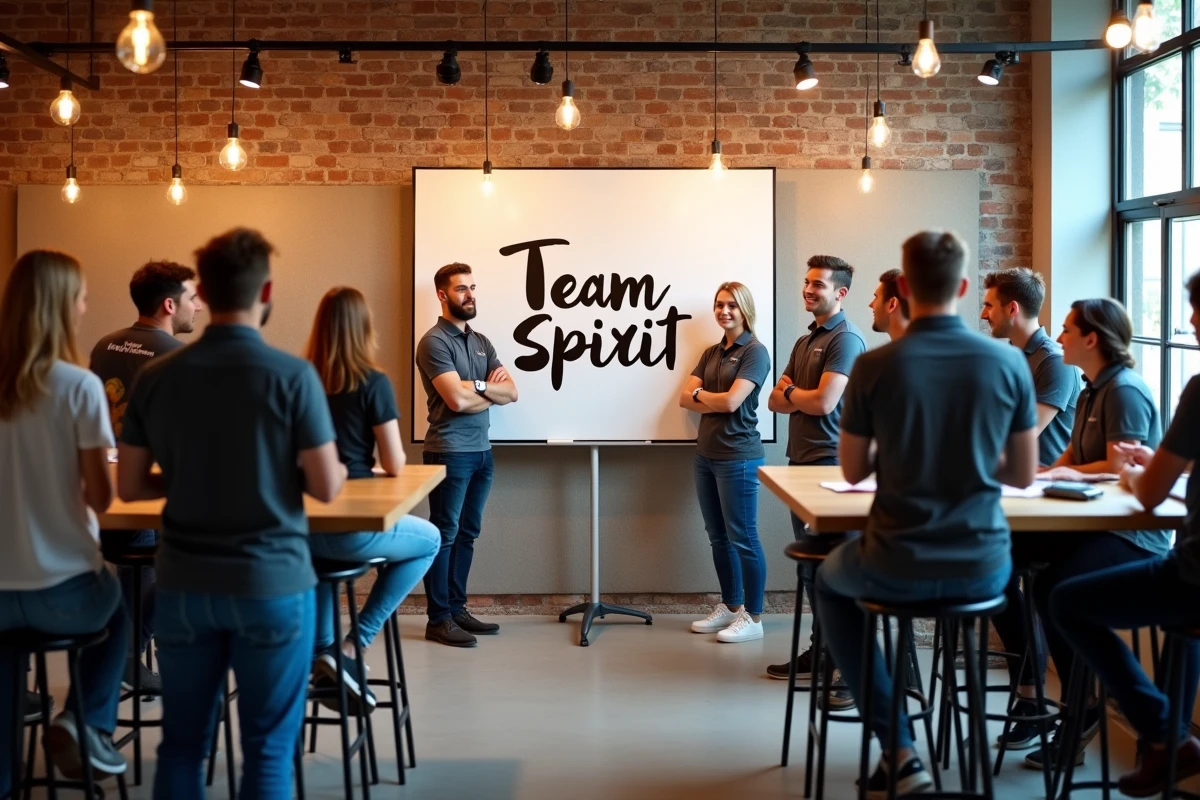 Équipe dynamique lors d'un événement kick-off en open space avec une citation esprit d'équipe écrite sur un tableau