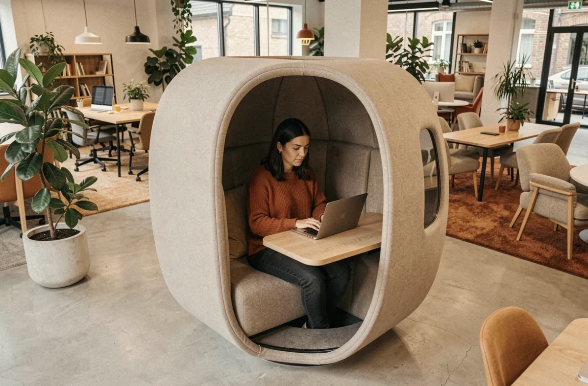 Le POD Angers avec une femme travaillant dans une cabine acoustique individuelle design