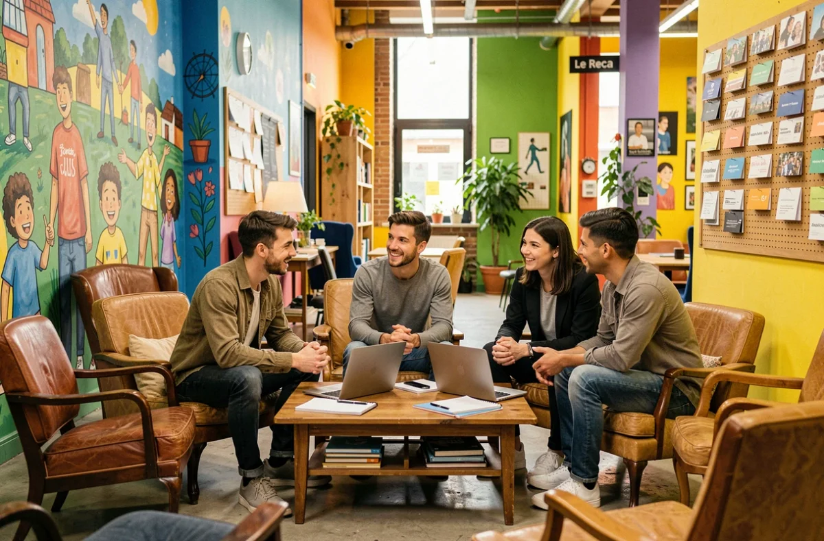 Le Reca Angers avec trois jeunes entrepreneurs en discussion informelle dans un espace associatif coloré