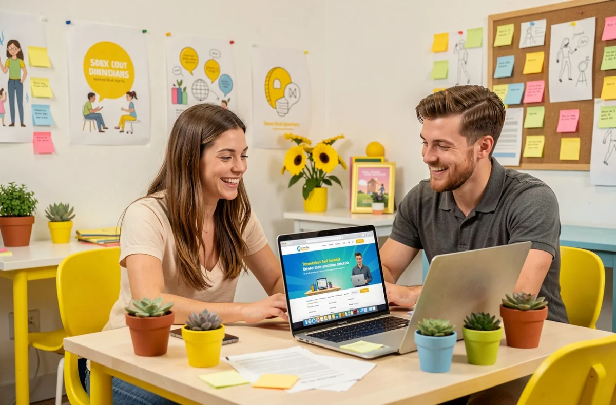 Duo créatif de l'agence Lemon and Joy collaborant sur l'optimisation SEO d'un site e-commerce dans un studio coloré