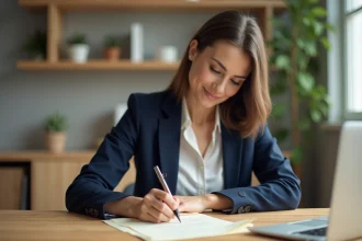 Femme rédigeant une lettre de démission manuscrite à son bureau à domicile