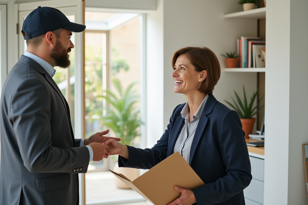 Femme souriante remettant un dossier à un livreur à domicile