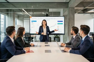 Responsable d'équipe présentant un outil de gestion de prospects à ses collaborateurs en salle de réunion moderne