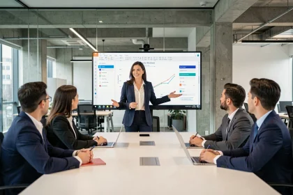 Responsable d'équipe présentant un outil de gestion de prospects à ses collaborateurs en salle de réunion moderne