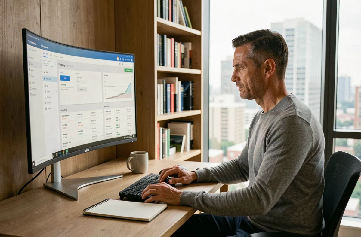 Manager analysant un logiciel de gestion commerciale et de prospection sur ordinateur dans un bureau à domicile