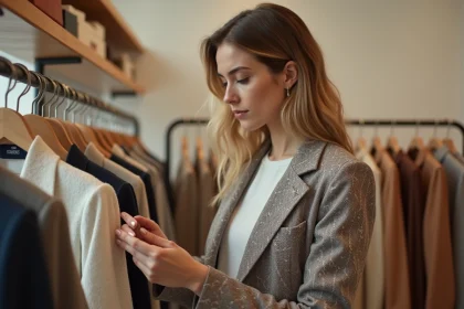 Femme parcourant des étiquettes de marques françaises dans une boutique parisienne tendance