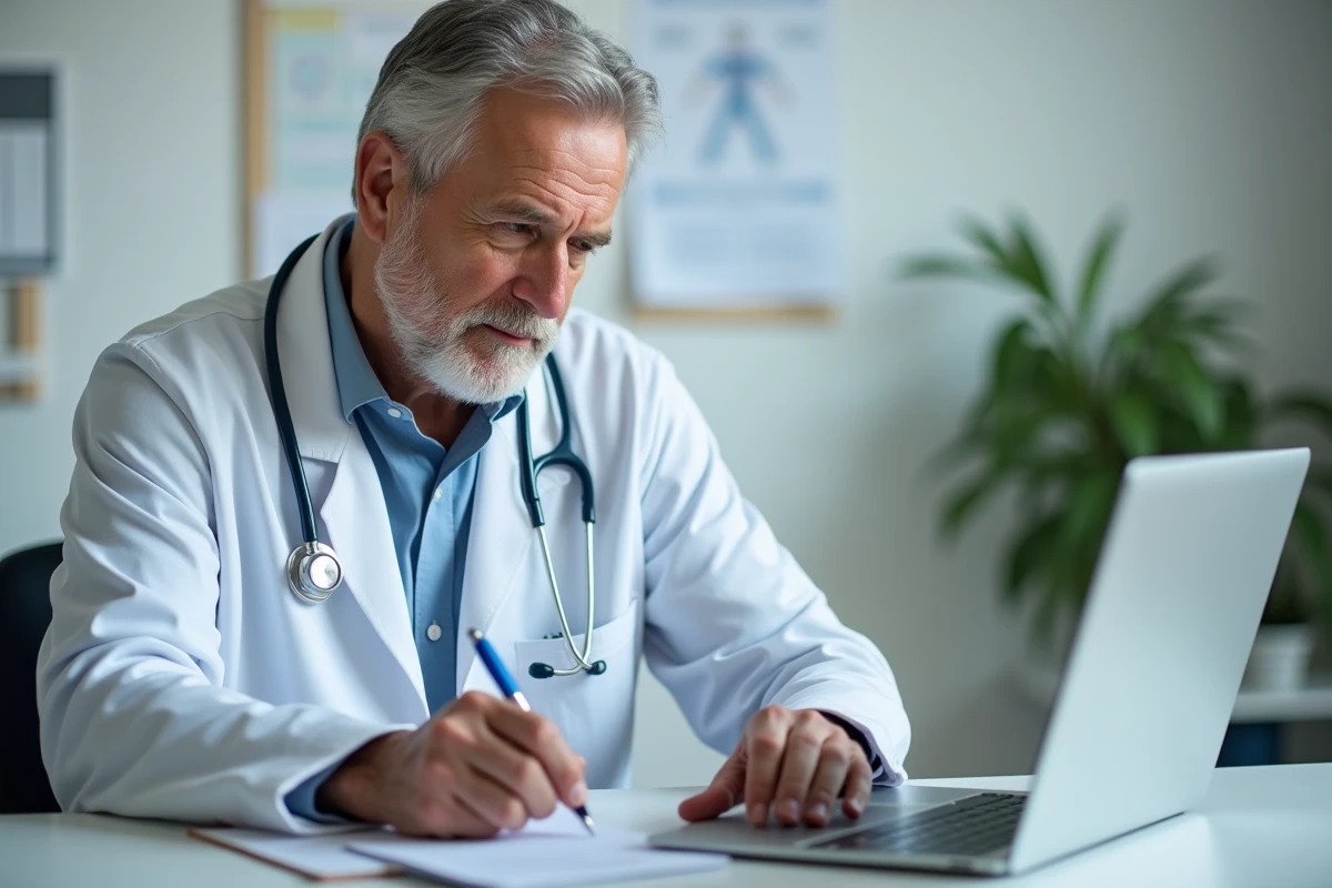 Médecin généraliste rédigeant une ordonnance et évaluant les risques d'un médicament