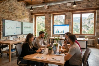Vue d'ensemble d'un bureau d'agence SEO professionnelle en Ardèche avec des écrans affichant des données analytiques