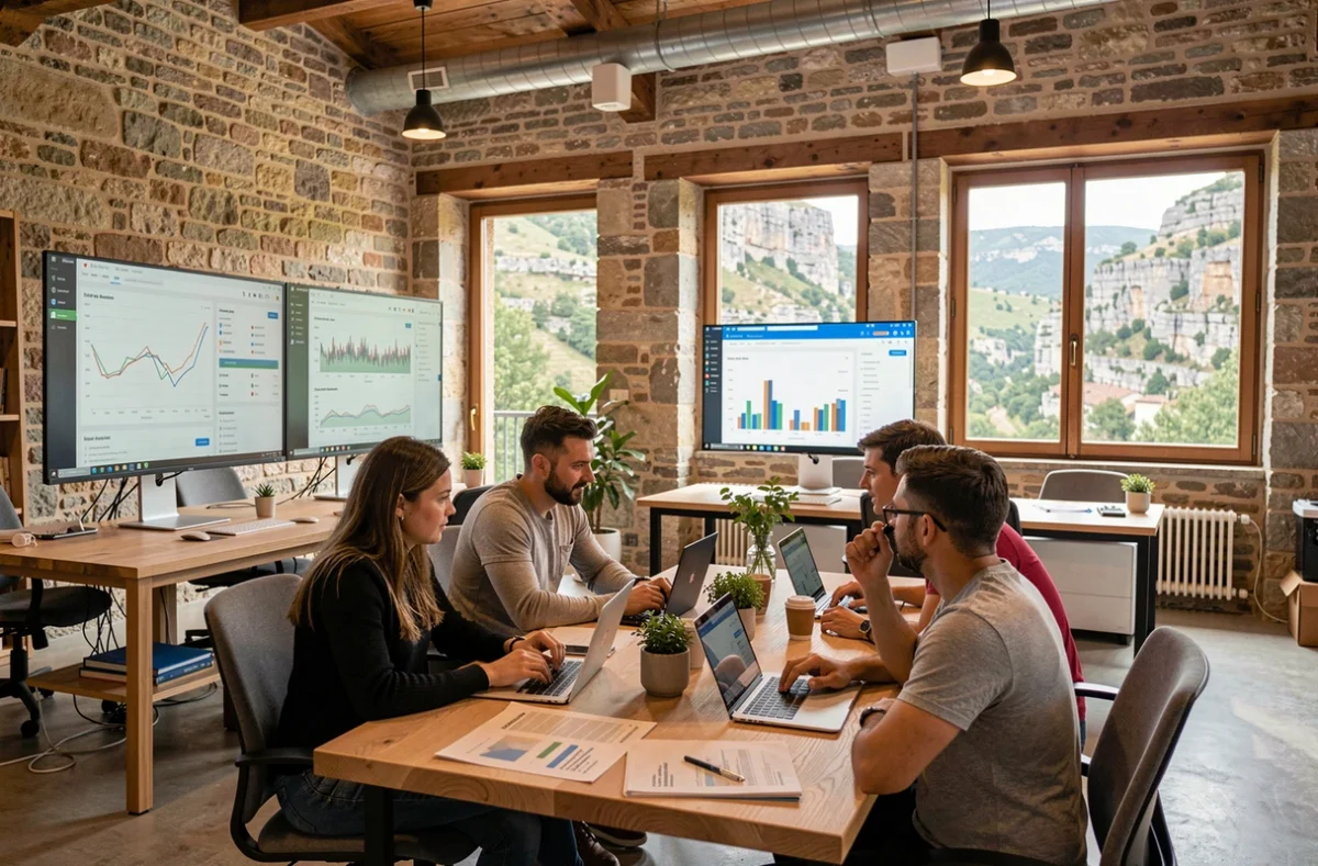 Vue d'ensemble d'un bureau d'agence SEO professionnelle en Ardèche avec des écrans affichant des données analytiques