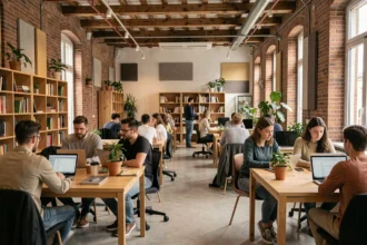 Vue panoramique d'un espace de coworking moderne en Maine-et-Loire avec des professionnels au travail