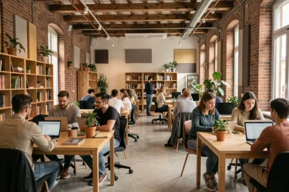 Vue panoramique d'un espace de coworking moderne en Maine-et-Loire avec des professionnels au travail