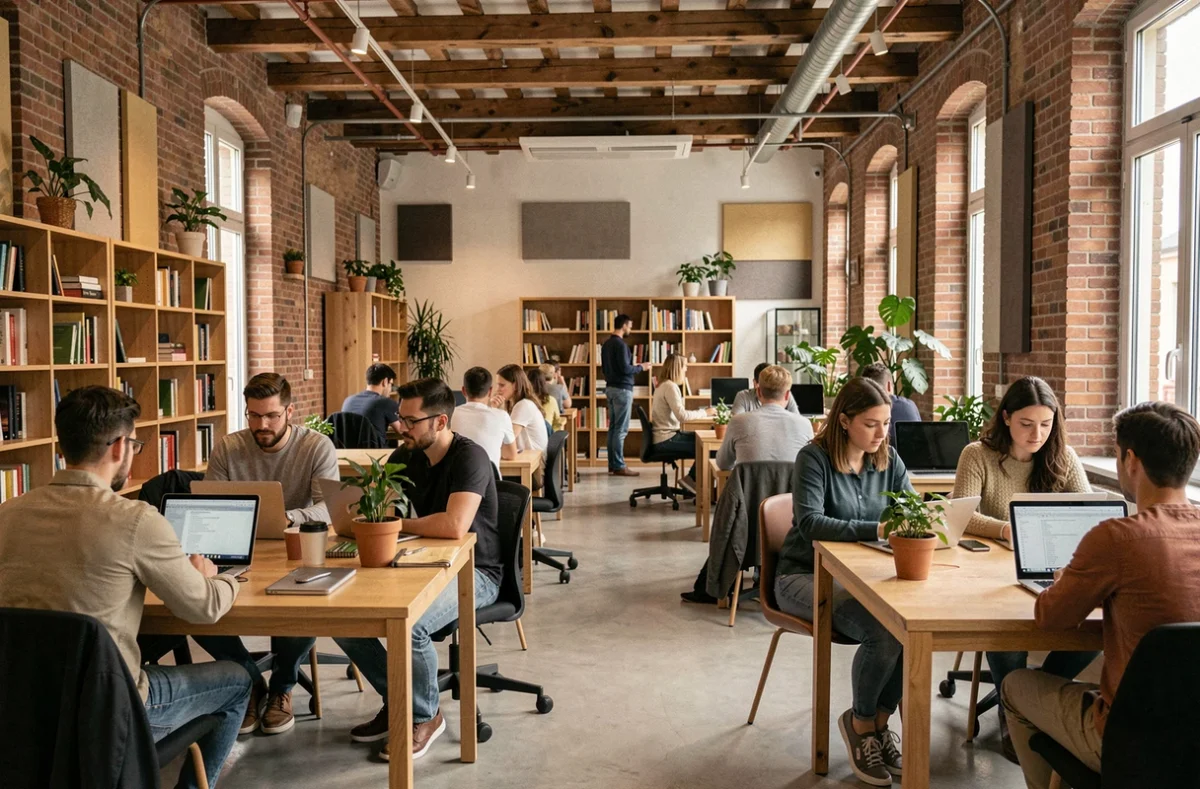 Vue panoramique d'un espace de coworking moderne en Maine-et-Loire avec des professionnels au travail