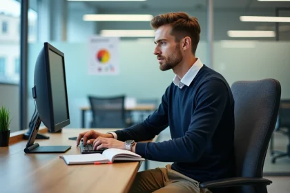 Jeune moniteur d'auto ecole en bureau lumineux