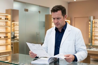 Opticien en blouse blanche examinant des factures fournisseurs derrière le comptoir de son magasin optique moderne