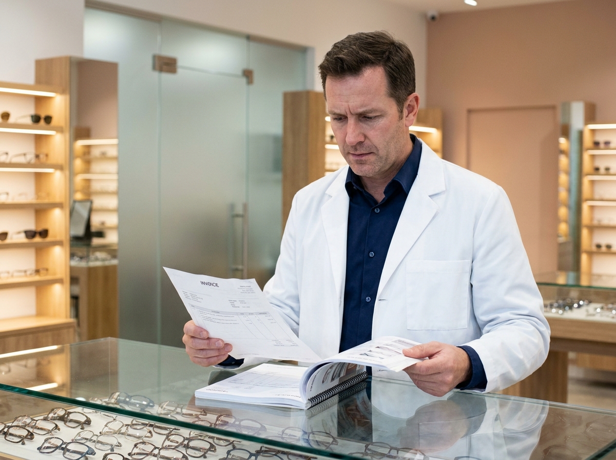 Opticien en blouse blanche examinant des factures fournisseurs derrière le comptoir de son magasin optique moderne