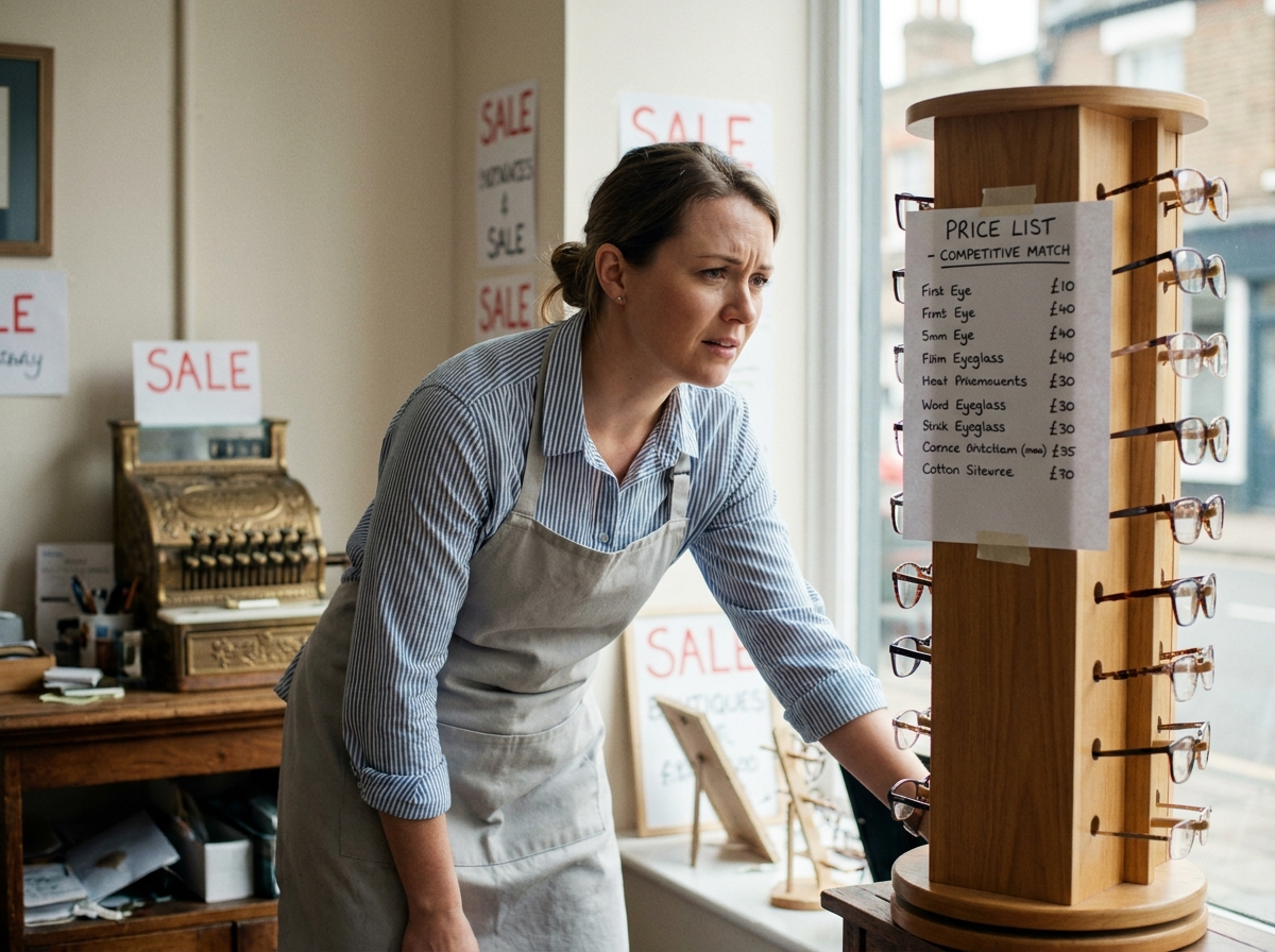 Opticienne indépendante ajustant des montures dans sa boutique face aux pressions des centrales d'achat