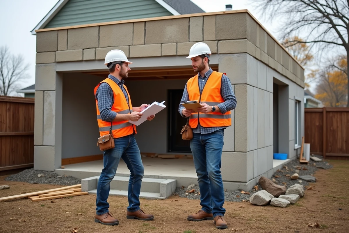 Ouvriers BTP sur un chantier d'extension de maison en parpaings, illustrant les travaux de construction et l'estimation du budget