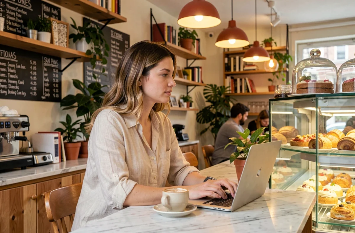 La Pépiterie Coworking Café avec une femme travaillant sur laptop dans une ambiance café cosy