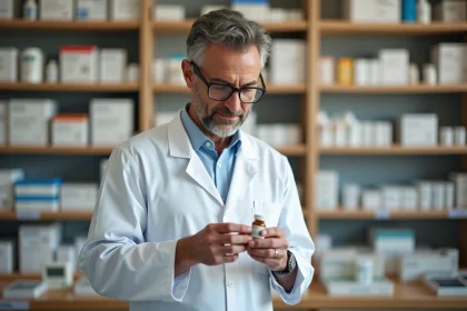 Pharmacien examinant attentivement un médicament comme Dirvox dans une pharmacie moderne