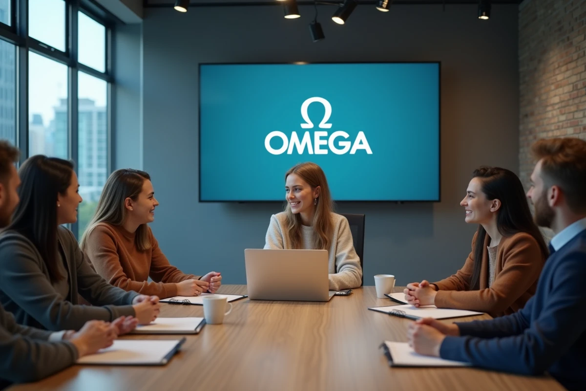 Jeune femme présentant un logo Omega à ses collègues en réunion