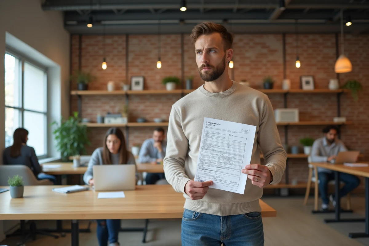 Jeune salarié en fin de CDD analyse un formulaire fiscal concernant la prime de fin de contrat dans un espace de coworking