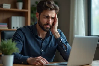Homme frustré devant un écran d'erreur de connexion Urbanweb sur son ordinateur portable à son bureau