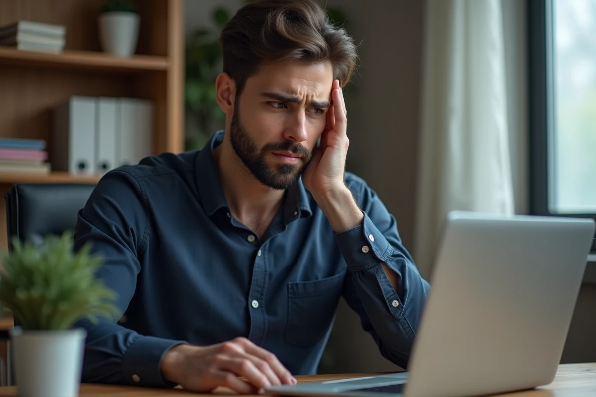 Homme frustré devant un écran d'erreur de connexion Urbanweb sur son ordinateur portable à son bureau