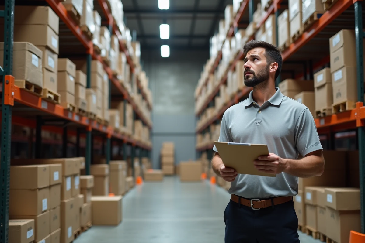 Responsable logistique face à un stock de boîtes cadeaux mal assorties dans un entrepôt, problèmes fournisseur emballage