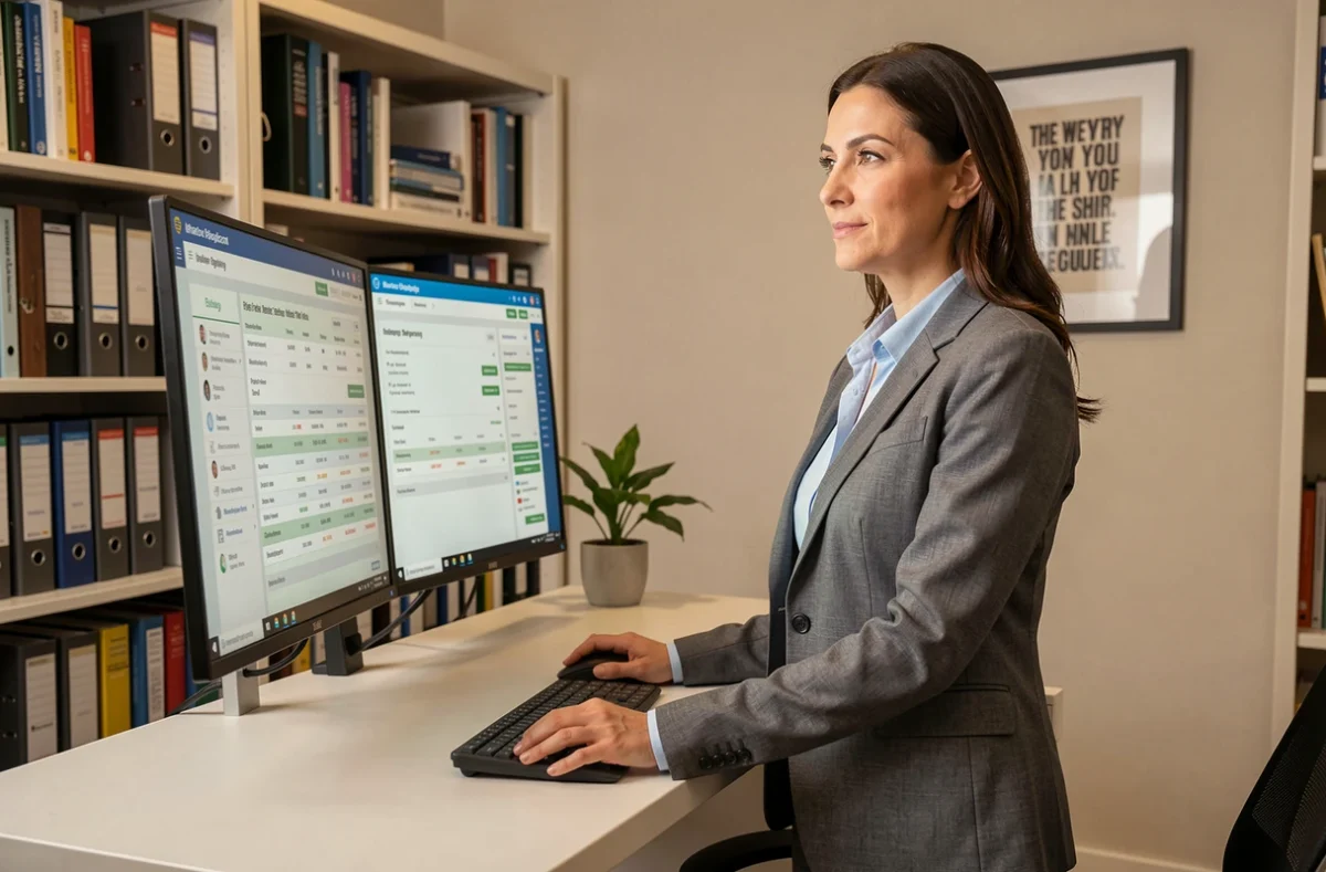 Professionnelle de l'assurance gérant des contrats sur le portail extranet AXA depuis son poste de travail